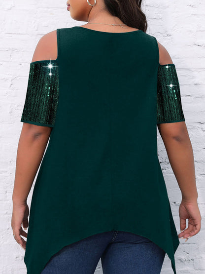 Sparkly Tops- Festive Sequined Cutout Shoulder- - IndioGear Clothing and Gear