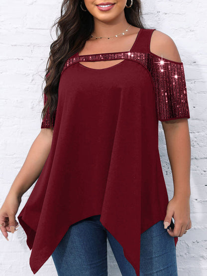 Sparkly Tops- Festive Sequined Cutout Shoulder- Red- IndioGear Clothing and Gear