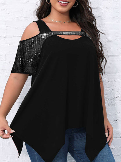 Sparkly Tops- Festive Sequined Cutout Shoulder- - IndioGear Clothing and Gear