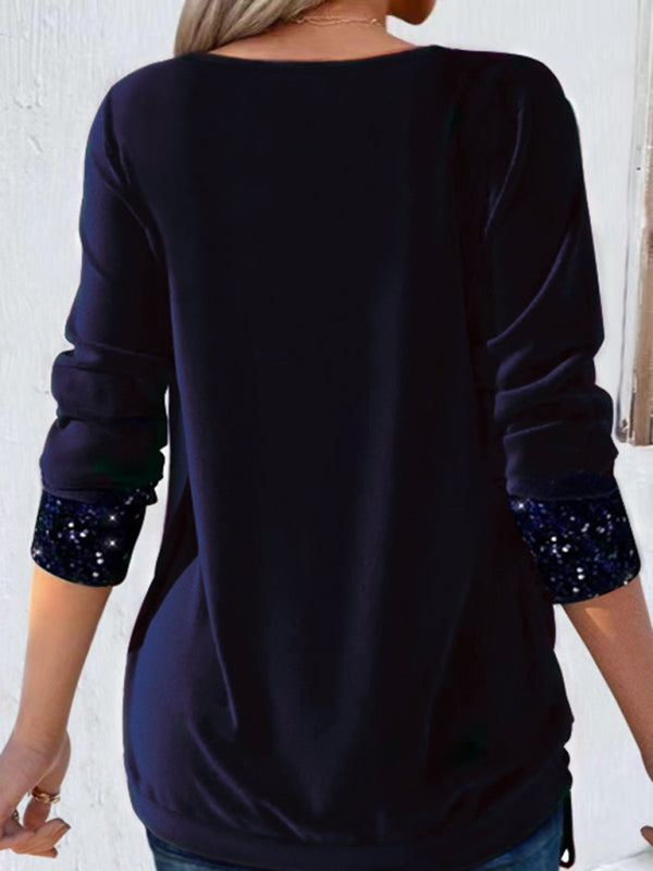 Sparkly Tops- Night Out Fake 2-Piece Long Sleeve Sequin Top- - IndioGear Clothing and Gear