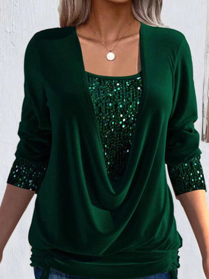 Sparkly Tops- Night Out Fake 2-Piece Long Sleeve Sequin Top- Green- IndioGear Clothing and Gear