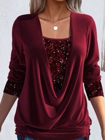 Sparkly Tops- Night Out Fake 2-Piece Long Sleeve Sequin Top- Red- IndioGear Clothing and Gear