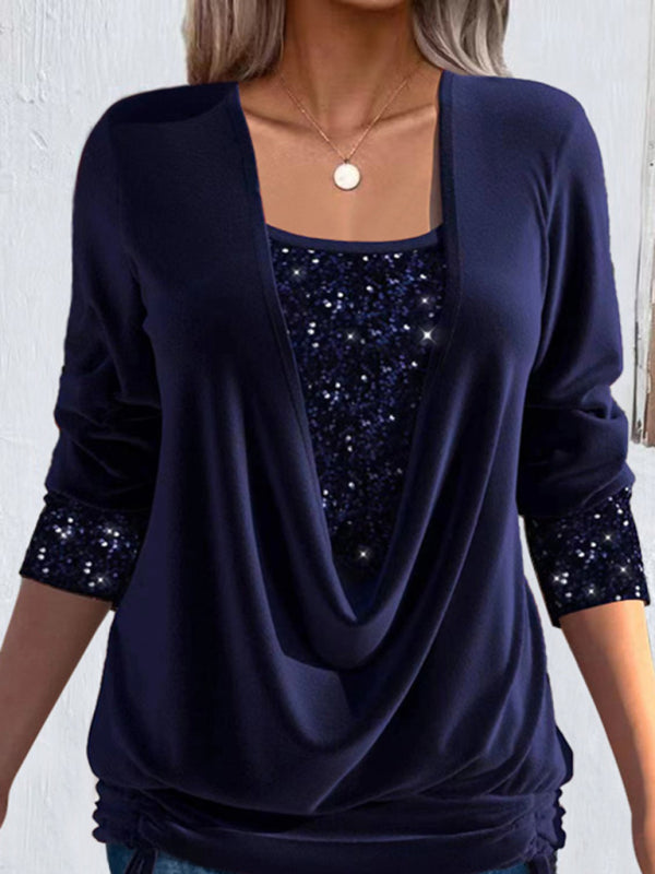 Sparkly Tops- Night Out Fake 2-Piece Long Sleeve Sequin Top- Blue- IndioGear Clothing and Gear