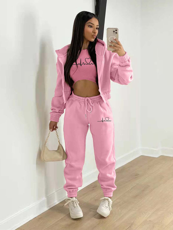 Sport Outfit- 3-Pcs Sport Outfit Sweatpants & Cozy Sweatshirt & Crop Tank Top- Pink- IndioGear Clothing and Gear