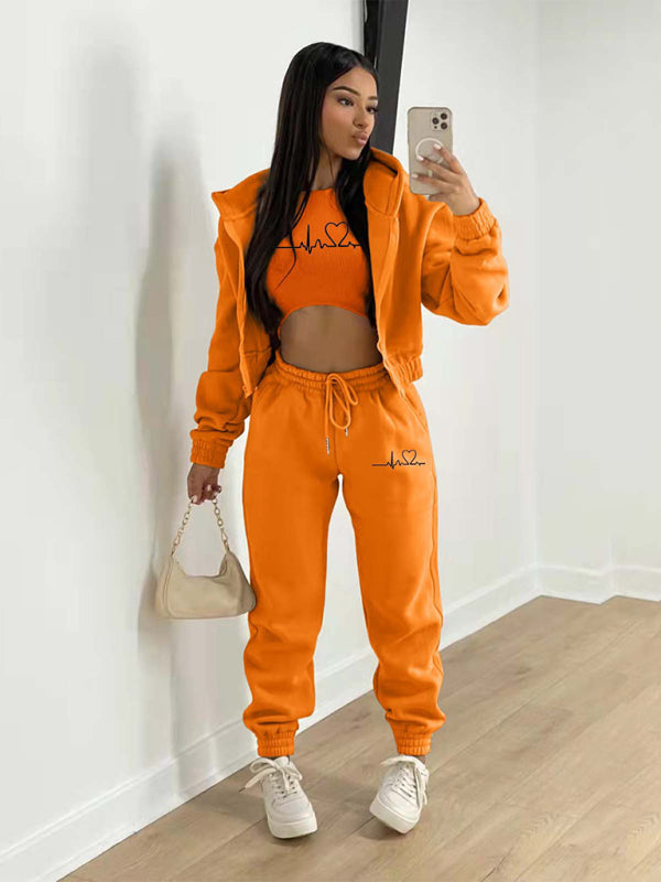 Sport Outfit- 3-Pcs Sport Outfit Sweatpants & Cozy Sweatshirt & Crop Tank Top- Orange- IndioGear Clothing and Gear