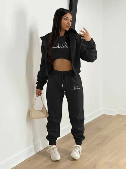 Sport Outfit- 3-Pcs Sport Outfit Sweatpants & Cozy Sweatshirt & Crop Tank Top- Black- IndioGear Clothing and Gear