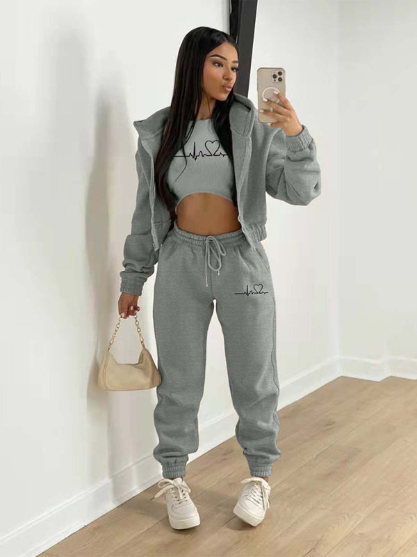 Sport Outfit- 3-Pcs Sport Outfit Sweatpants & Cozy Sweatshirt & Crop Tank Top- Grey- IndioGear Clothing and Gear