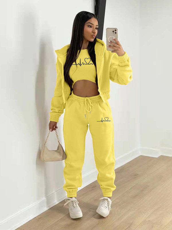 Sport Outfit- 3-Pcs Sport Outfit Sweatpants & Cozy Sweatshirt & Crop Tank Top- Yellow- IndioGear Clothing and Gear