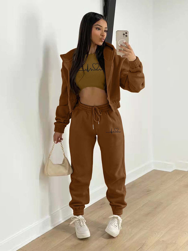 Sport Outfit- 3-Pcs Sport Outfit Sweatpants & Cozy Sweatshirt & Crop Tank Top- Brown- IndioGear Clothing and Gear