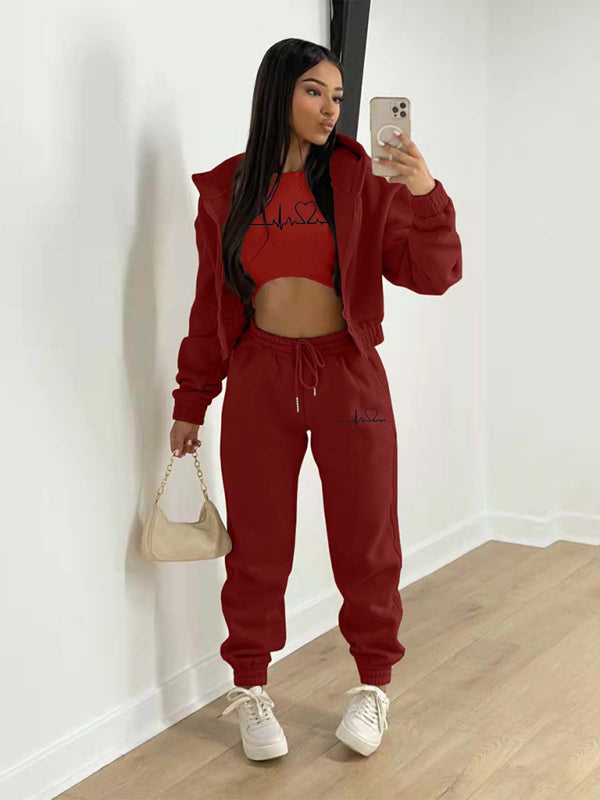 Sport Outfit- 3-Pcs Sport Outfit Sweatpants & Cozy Sweatshirt & Crop Tank Top- Wine Red- IndioGear Clothing and Gear