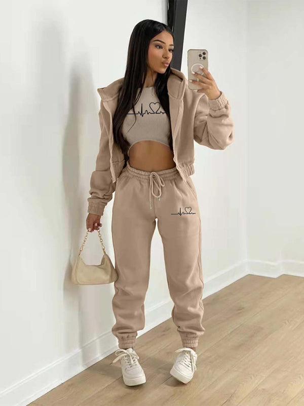 Sport Outfit- 3-Pcs Sport Outfit Sweatpants & Cozy Sweatshirt & Crop Tank Top- Khaki- IndioGear Clothing and Gear