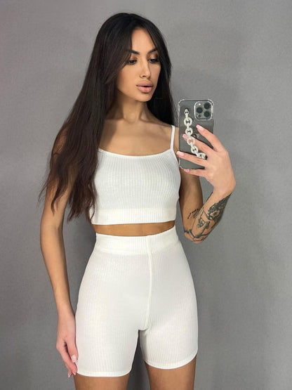 Sport Outfit- Ribbed Sport Outfit - 2 Piece Cami and Shorts- White- IndioGear Fashion and Gear