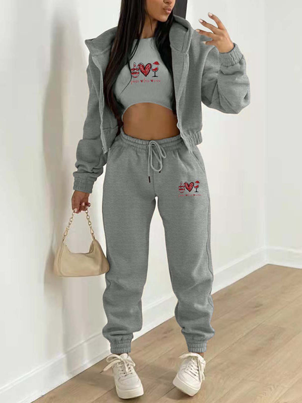 Sport Outfit- Sweatpants, Hooded Sweatshirt, and Crop Tank 3-Piece Sport Ensemble- Grey- IndioGear Clothing and Gear