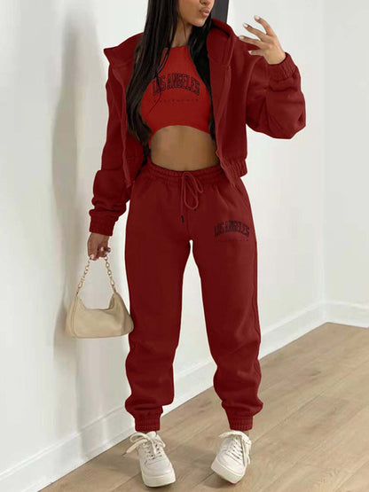 Sport Outfit- Sweatpants, Hooded Sweatshirt, and Crop Tank 3-Piece Sport Outfit Trio- Wine Red- IndioGear Clothing and Gear