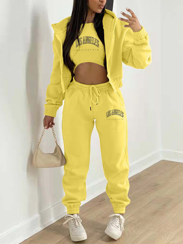 Sport Outfit- Sweatpants, Hooded Sweatshirt, and Crop Tank 3-Piece Sport Outfit Trio- Yellow- IndioGear Clothing and Gear