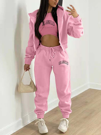 Sport Outfit- Sweatpants, Hooded Sweatshirt, and Crop Tank 3-Piece Sport Outfit Trio- Pink- IndioGear Clothing and Gear