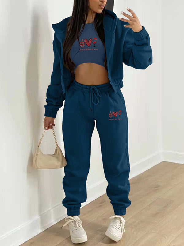 Sport Outfit- Sweatpants, Hooded Sweatshirt, and Crop Tank 3-Piece Sport Ensemble- Champlain color- IndioGear Clothing and Gear