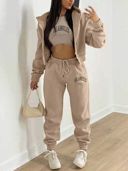 Sport Outfit- Sweatpants, Hooded Sweatshirt, and Crop Tank 3-Piece Sport Outfit Trio- Khaki- IndioGear Clothing and Gear