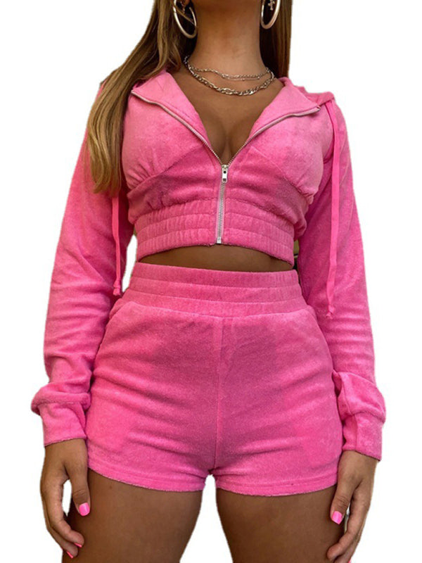 Sport Outfits- Sport 2-Piece Hooded Zip-Up Crop Sweatshirt with Matching Shorts- - IndioGear Fashion and Gear