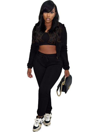 Sport Outfits- Sport 3-Pc Outfit Sweatpants + Fleece Hoodie + Crop Top- - IndioGear Clothing and Gear