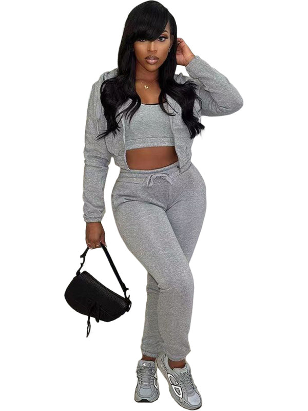 Sport Outfits- Sport 3-Pc Outfit Sweatpants + Fleece Hoodie + Crop Top- - IndioGear Clothing and Gear