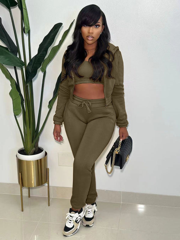 Sport Outfits- Sport 3-Pc Outfit Sweatpants + Fleece Hoodie + Crop Top- Olive green- IndioGear Clothing and Gear