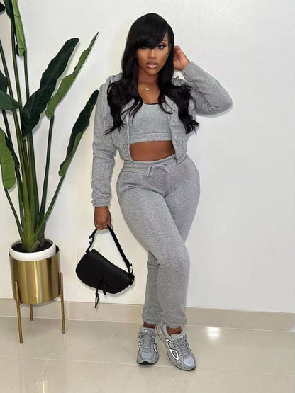 Sport Outfits- Sport 3-Pc Outfit Sweatpants + Fleece Hoodie + Crop Top- Grey- IndioGear Clothing and Gear