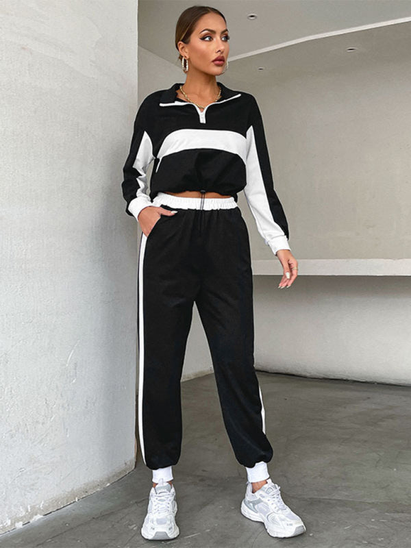 Sport Outfits- Sweatpants and Half Zip-Up Crop Sweatshirt 2-Piece Street Tracksuit- Black- IndioGear Clothing and Gear