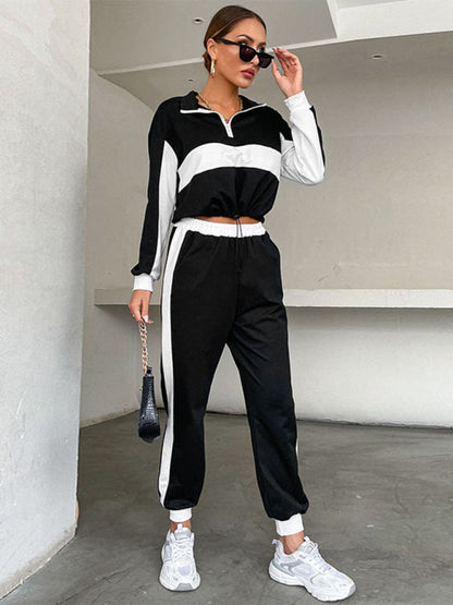 Sport Outfits- Sweatpants and Half Zip-Up Crop Sweatshirt 2-Piece Street Tracksuit- - IndioGear Clothing and Gear