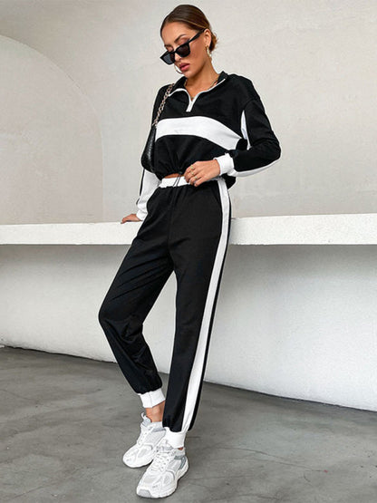 Sport Outfits- Sweatpants and Half Zip-Up Crop Sweatshirt 2-Piece Street Tracksuit- - IndioGear Clothing and Gear