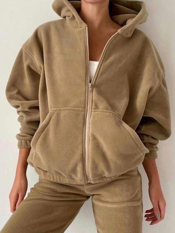 Sport Outfits- Sweatpants and Zip-Up Hoodie 2-Piece Sport Outfit- Khaki- IndioGear Clothing and Gear