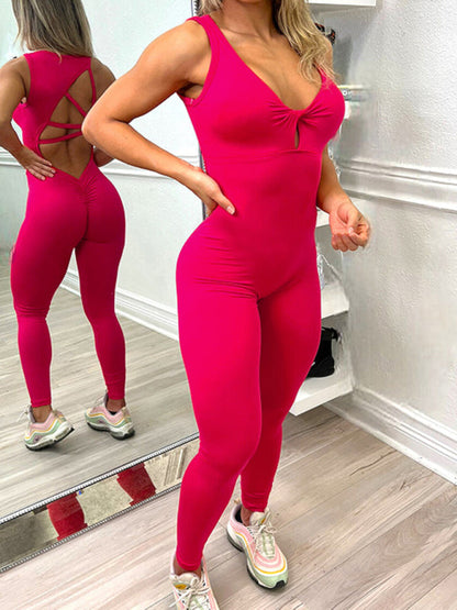 Sporty Pantsuits- Solid Backless Peach Tight Jumpsuit Unitard- - IndioGear Fashion and Gear