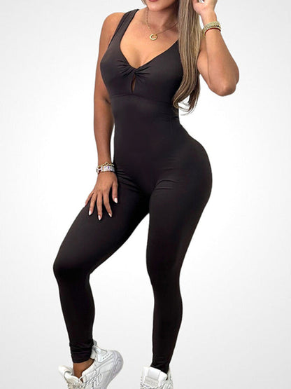 Sporty Pantsuits- Solid Backless Peach Tight Jumpsuit Unitard- - IndioGear Fashion and Gear