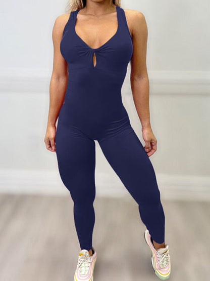 Sporty Pantsuits- Solid Backless Peach Tight Jumpsuit Unitard- Champlain color- IndioGear Fashion and Gear