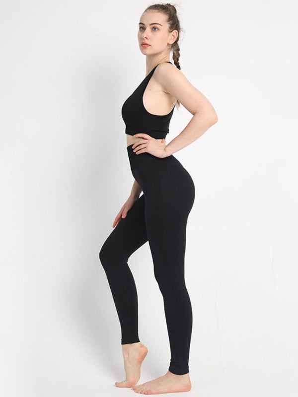 Sporty Set- Gradient Butt Lifting Leggings + Racerback Tank Top- Black- IndioGear Fashion and Gear