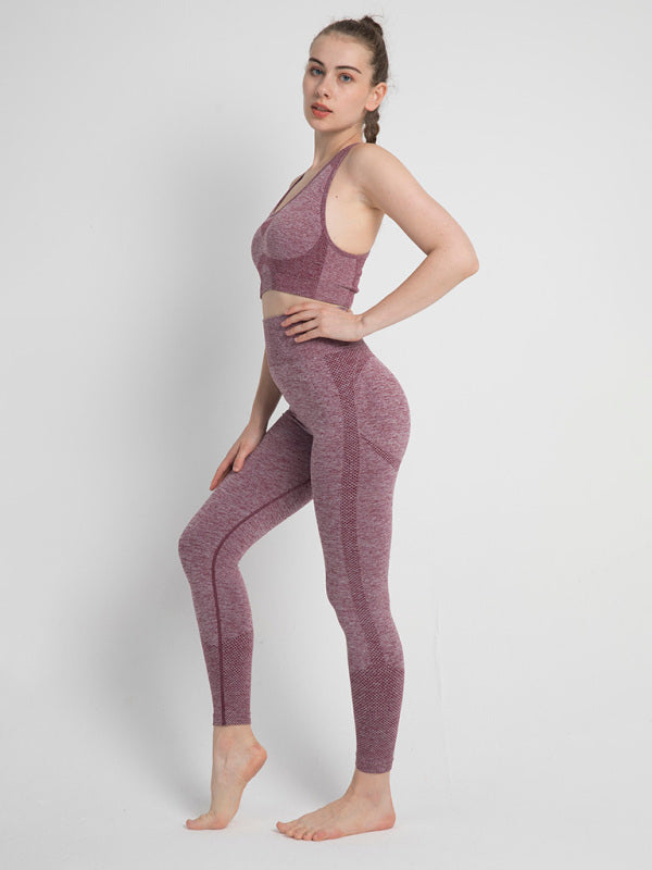 Sporty Set- Gradient Butt Lifting Leggings + Racerback Tank Top- Wine Red- IndioGear Fashion and Gear