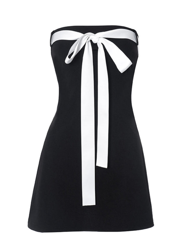 Strapless Dresses-A-Line Tube Dress with Bow-Tie Front-Pekosa Women Clothing