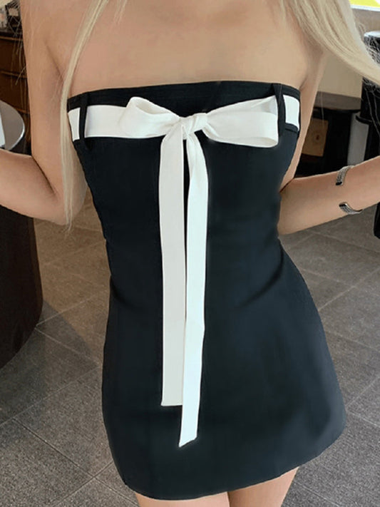 Strapless Dresses-A-Line Tube Dress with Bow-Tie Front-Pekosa Women Clothing