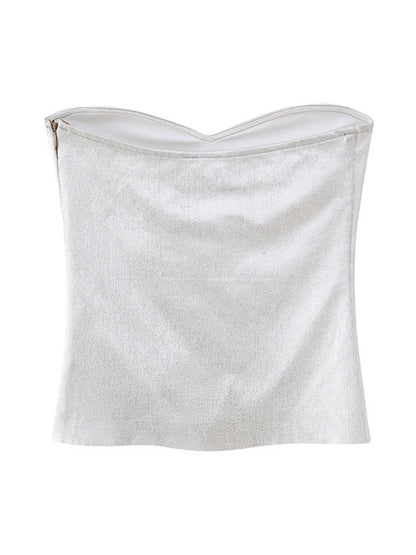 Strapless Top- Glamorous Crop Top - Strapless Blouse- Silver- Pekosa Women Clothing