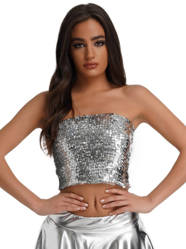 Strapless Tops- Festive Sparkle High Stretch Sequin Tube Crop Top- Silver grey- IndioGear Clothing and Gear