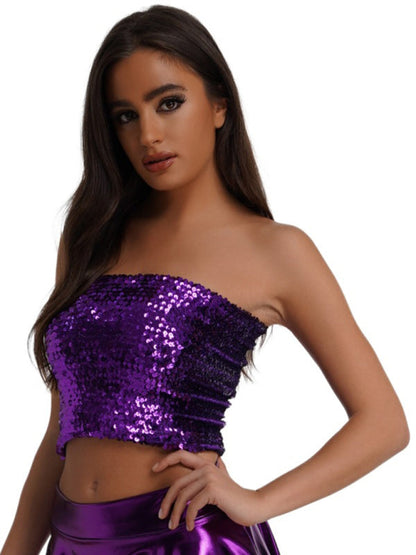 Strapless Tops- Festive Sparkle High Stretch Sequin Tube Crop Top- Purple- IndioGear Clothing and Gear