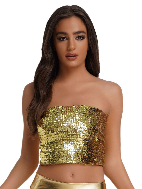 Strapless Tops- Festive Sparkle High Stretch Sequin Tube Crop Top- Yellow- IndioGear Clothing and Gear