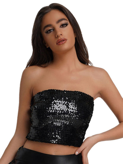 Strapless Tops- Festive Sparkle High Stretch Sequin Tube Crop Top- Black- IndioGear Clothing and Gear