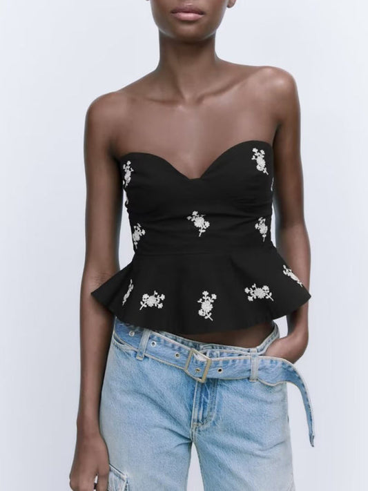 Strapless Peplum Tube Top in Summer Floral Embroidery