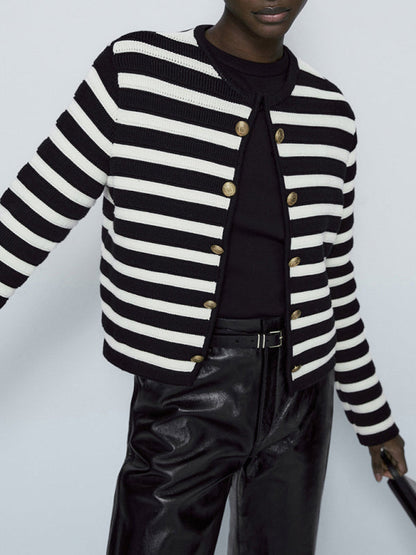 Stripe Jackets- Women's Striped Cotton Winter Jacket - Dressy Knit Outerwear- Black- IndioGear Clothing and Gear