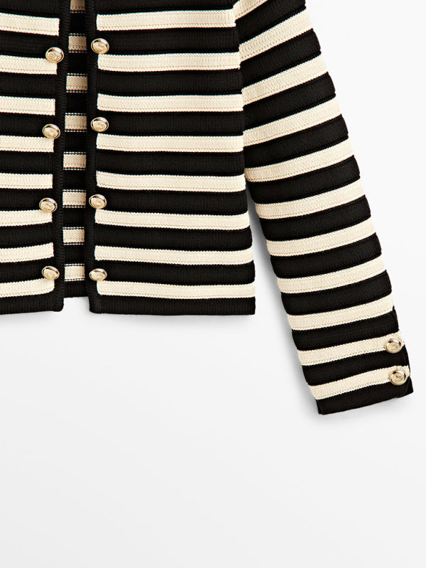 Stripe Jackets- Women's Striped Cotton Winter Jacket - Dressy Knit Outerwear- - IndioGear Clothing and Gear