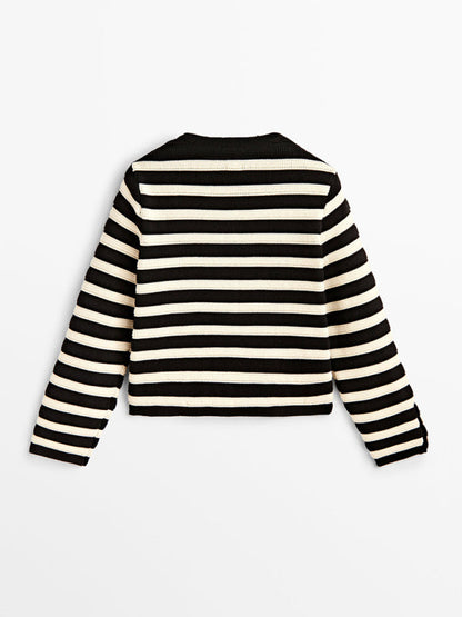 Stripe Jackets- Women's Striped Cotton Winter Jacket - Dressy Knit Outerwear- - IndioGear Clothing and Gear