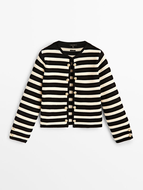 Stripe Jackets- Women's Striped Cotton Winter Jacket - Dressy Knit Outerwear- - IndioGear Clothing and Gear