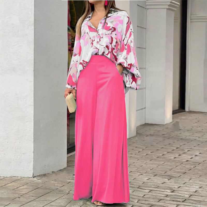 Suit - Pants and Top- Boho Two-Piece Outfit: Bell Sleeve Shirt Blouse + Wide Leg Trousers- Pink- IndioGear Fashion and Gear