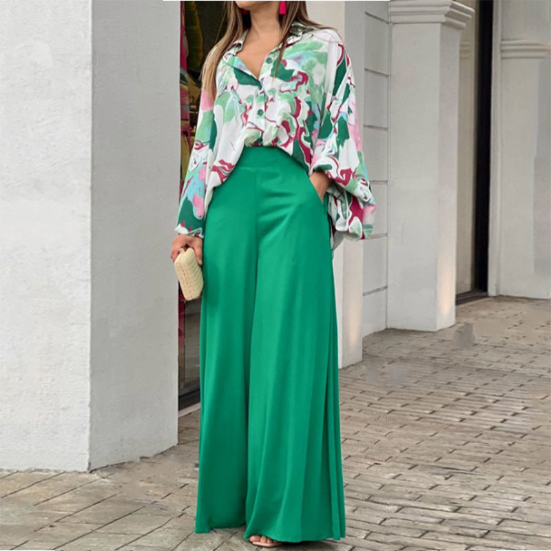 Suit - Pants and Top- Boho Two-Piece Outfit: Bell Sleeve Shirt Blouse + Wide Leg Trousers- Green- IndioGear Fashion and Gear